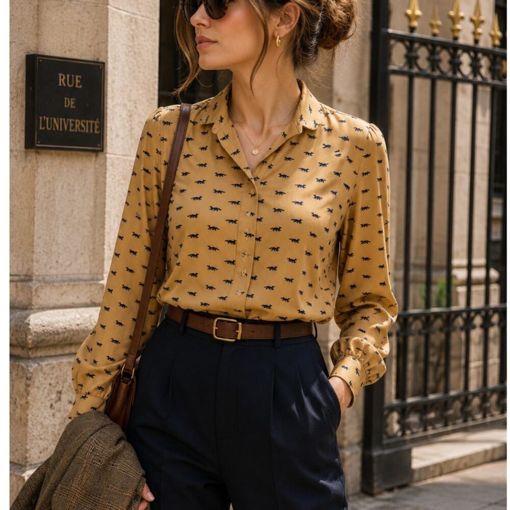 Vintage Windsmoor Fox Print Secretary Blouse Gold Navy Long Sleeve XS S